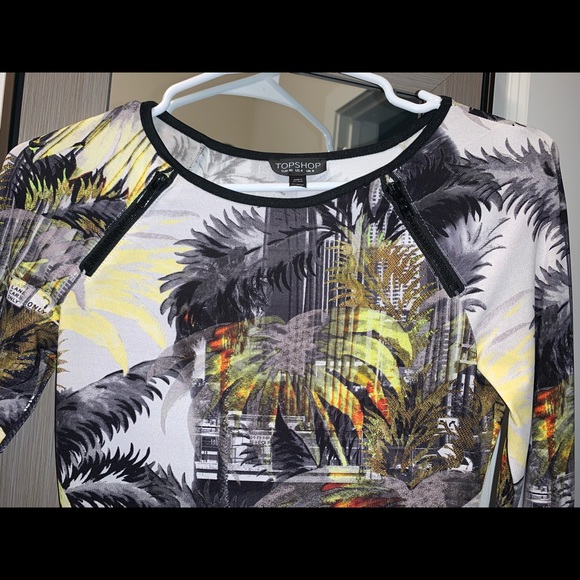Topshop Women’s Bodycon Dress Size S Palm City Print Long Sleeve Midi - Picture 4 of 5